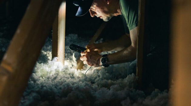 Man schiet met zaklamp op isolatiemateriaal